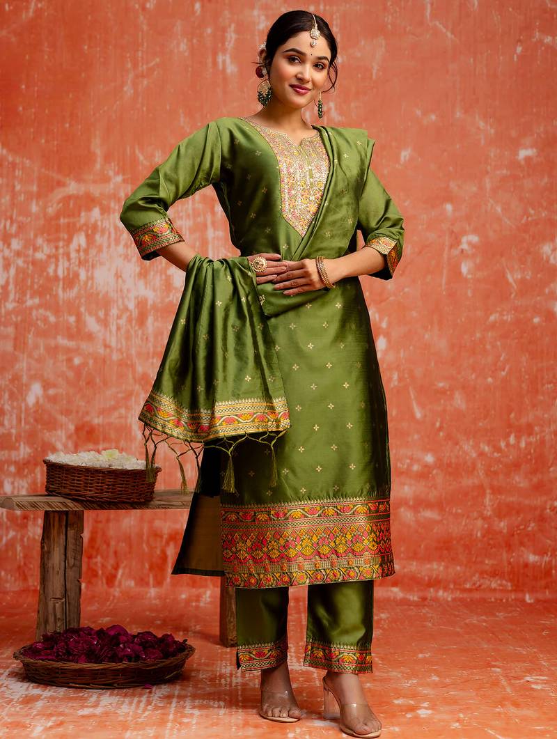 mehendi fancy cotton silk kurta set