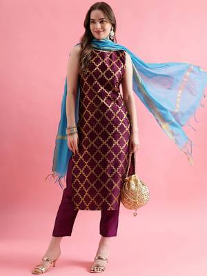maroon fancy silk blend kurta set 2