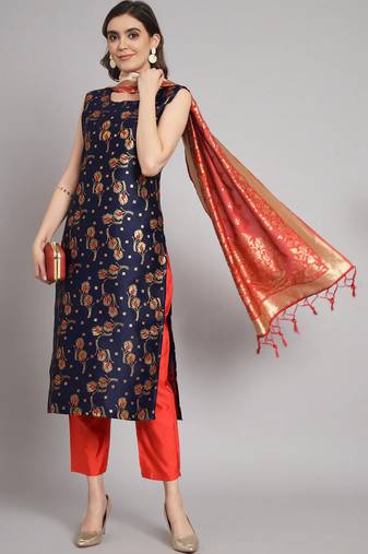 navy-blue fancy cotton silk kurta set