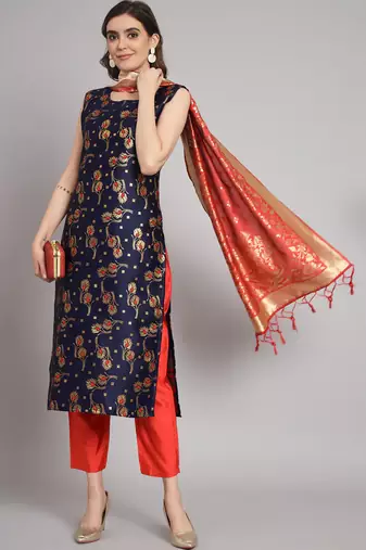 navy-blue fancy cotton silk kurta set