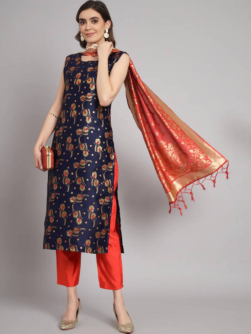 navy-blue fancy cotton silk kurta set
