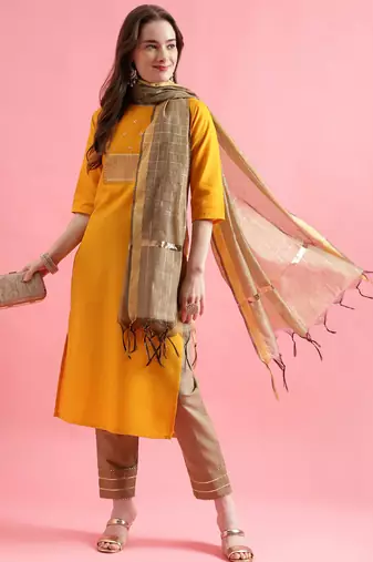 yellow fancy cotton kurta set