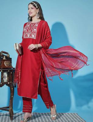 scarlet-red fancy cotton silk kurta set 3