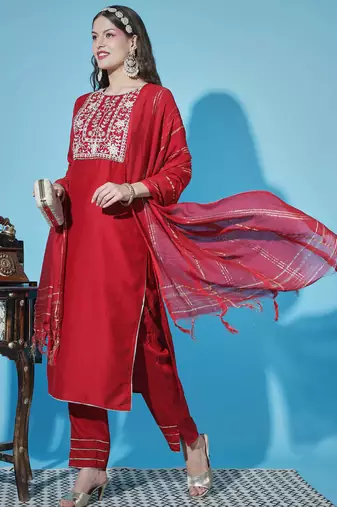 scarlet-red fancy cotton silk kurta set