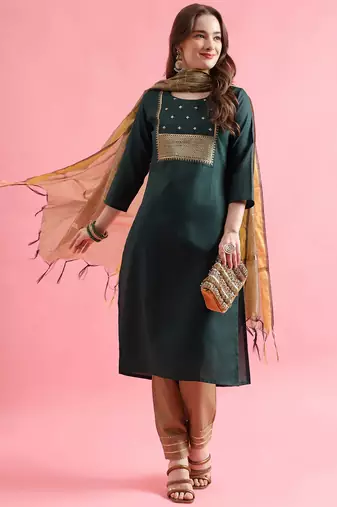 green fancy cotton kurta set
