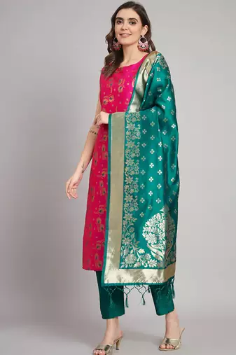 rani-pink fancy cotton silk kurta set