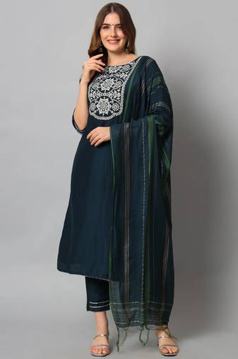 navy-blue fancy cotton silk kurta set