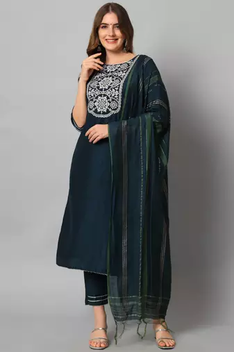 navy-blue fancy cotton silk kurta set