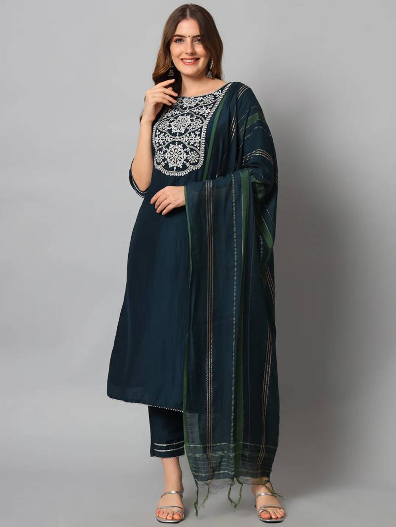 navy-blue fancy cotton silk kurta set