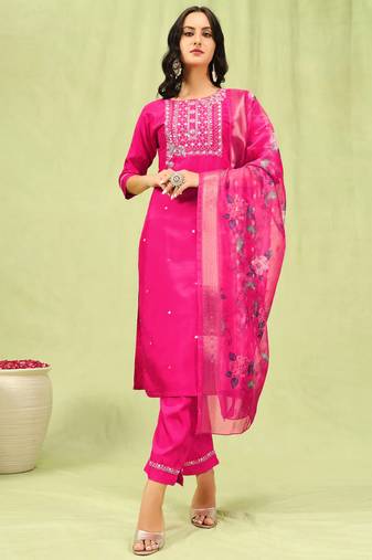 rani-pink fancy silk blend kurta set