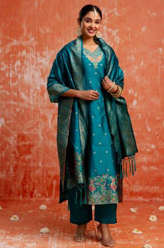blue fancy cotton silk kurta set