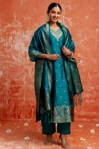 blue fancy cotton silk kurta set