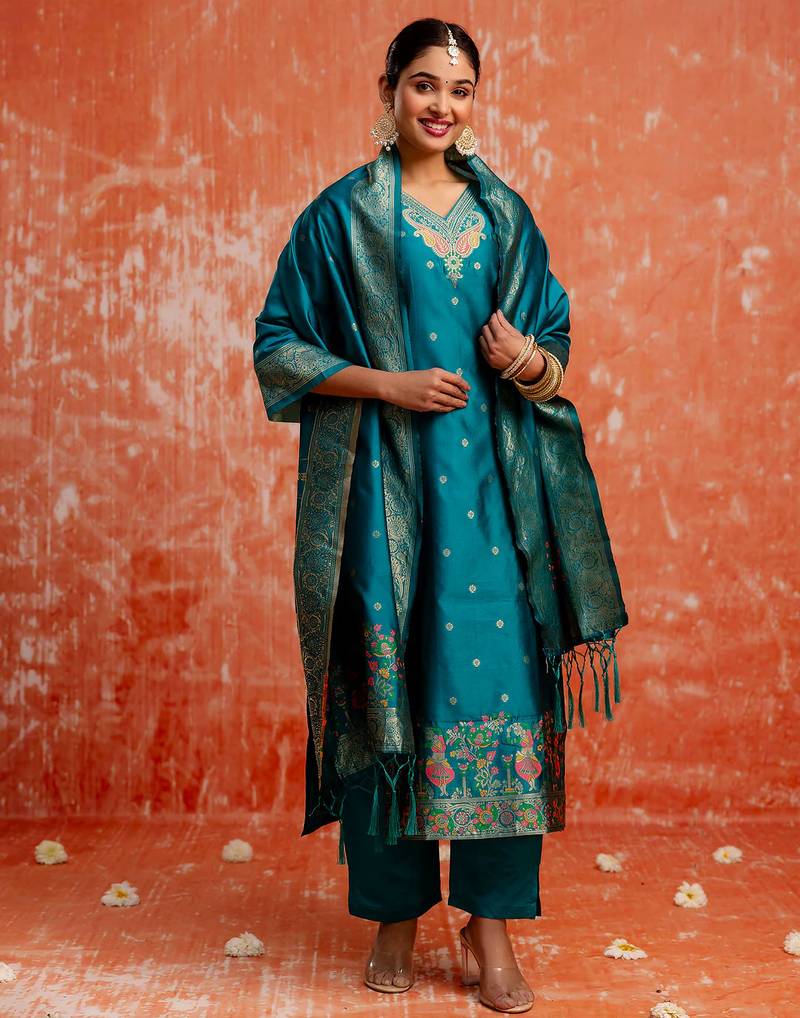 blue fancy cotton silk kurta set