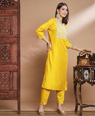 mustard fancy cotton silk kurta set 4