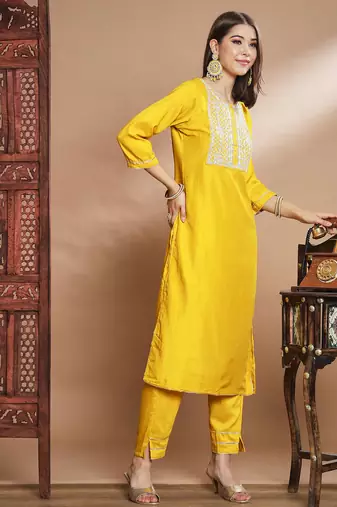 mustard fancy cotton silk kurta set