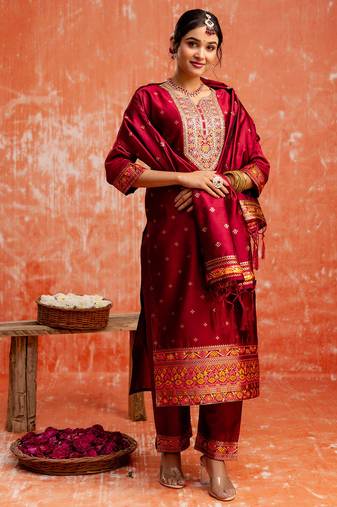 maroon fancy cotton silk kurta set