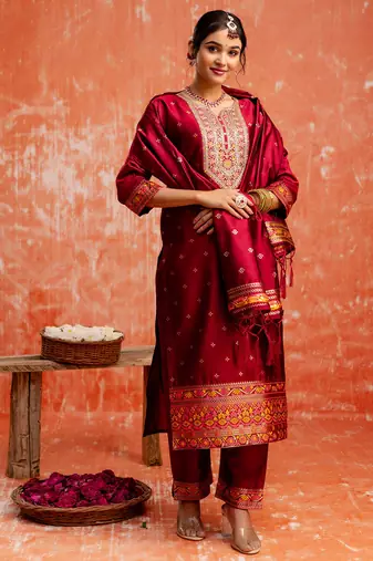 maroon fancy cotton silk kurta set
