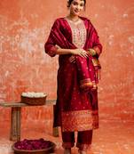 maroon fancy cotton silk kurta set