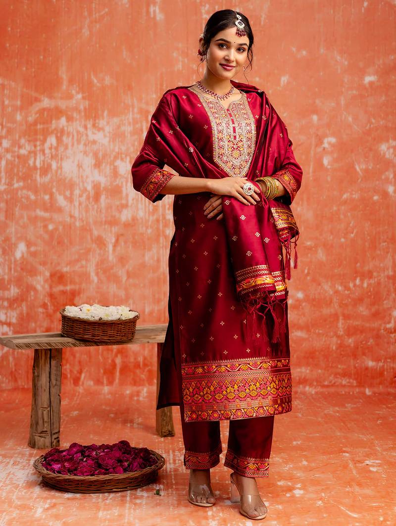 maroon fancy cotton silk kurta set