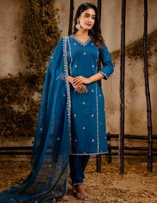 teal fancy silk blend kurta set 2