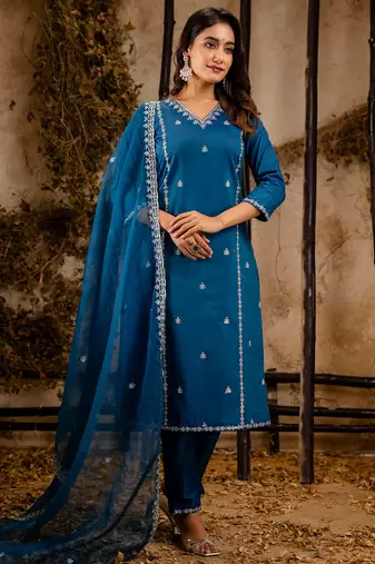 teal fancy silk blend kurta set