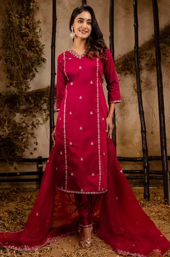 maroon fancy silk blend kurta set