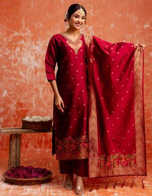 maroon fancy cotton silk kurta set 1