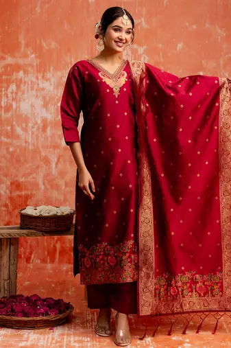 maroon fancy cotton silk kurta set