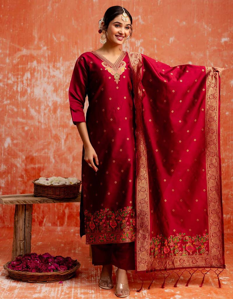 maroon fancy cotton silk kurta set