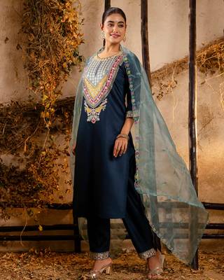 teal fancy viscose rayon kurta set 3