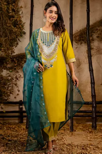 light-yellow fancy viscose rayon kurta set