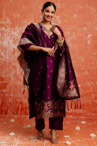 purple fancy cotton silk kurta set