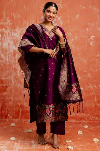 purple fancy cotton silk kurta set