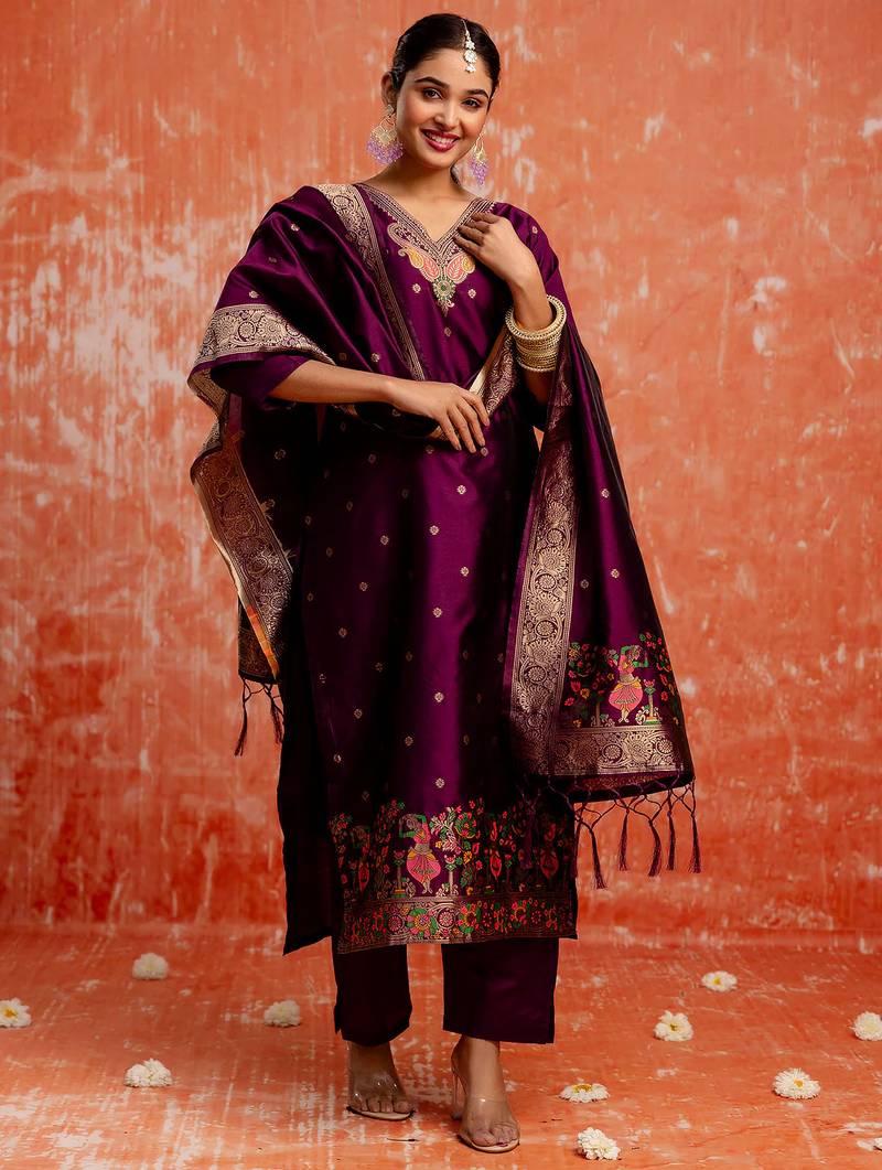 purple fancy cotton silk kurta set