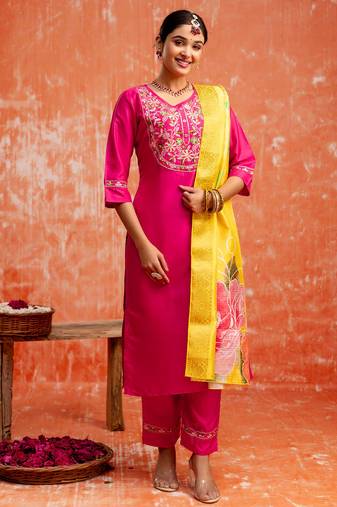 rani-pink fancy silk blend kurta set