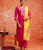 rani-pink fancy silk blend kurta set
