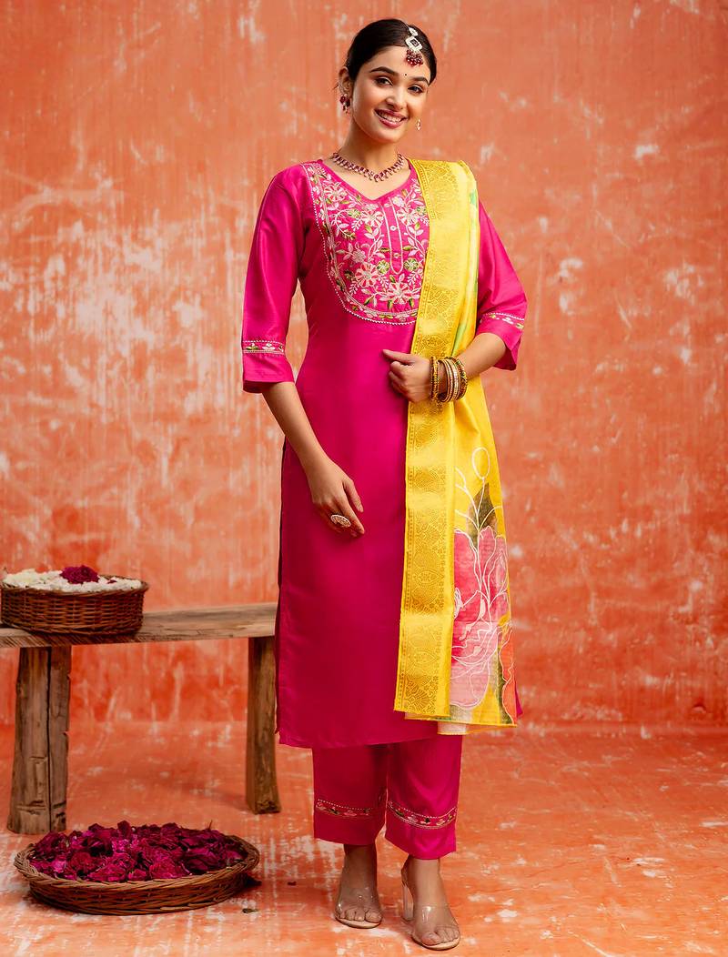 rani-pink fancy silk blend kurta set