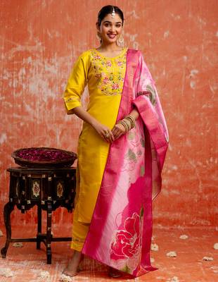 yellow fancy silk blend kurta set 1