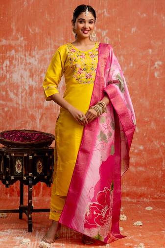 yellow fancy silk blend kurta set