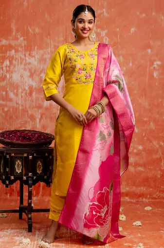 yellow fancy silk blend kurta set