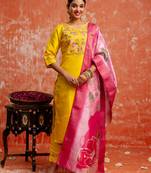 yellow fancy silk blend kurta set