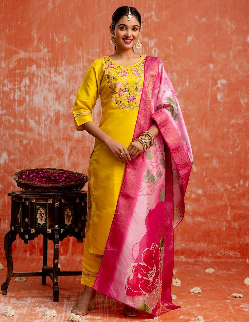 yellow fancy silk blend kurta set