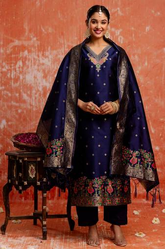 navy-blue fancy cotton silk kurta set