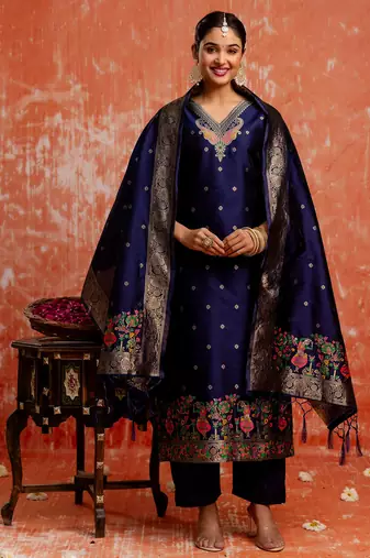navy-blue fancy cotton silk kurta set