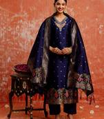 navy-blue fancy cotton silk kurta set