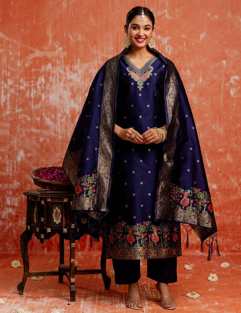 navy-blue fancy cotton silk kurta set