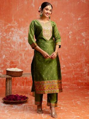 mehendi fancy cotton silk kurta set 2