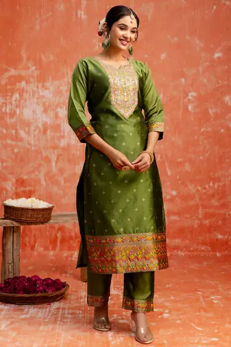 mehendi fancy cotton silk kurta set