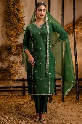 green fancy silk blend kurta set