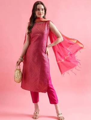 rani-pink fancy silk blend kurta set 2